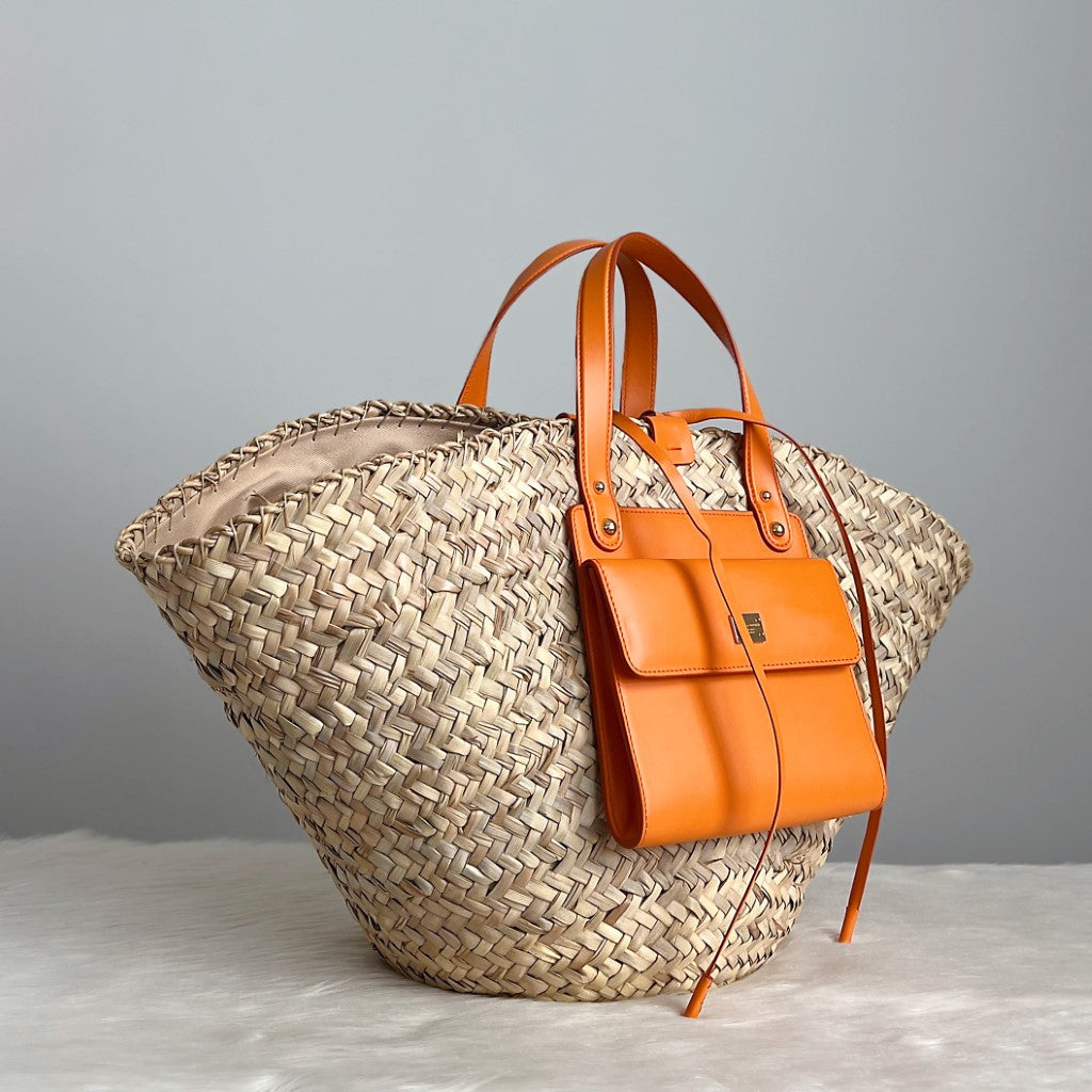 Dolce & Gabbana D&G Orange Leather Straw Large Holiday Tote Excellent