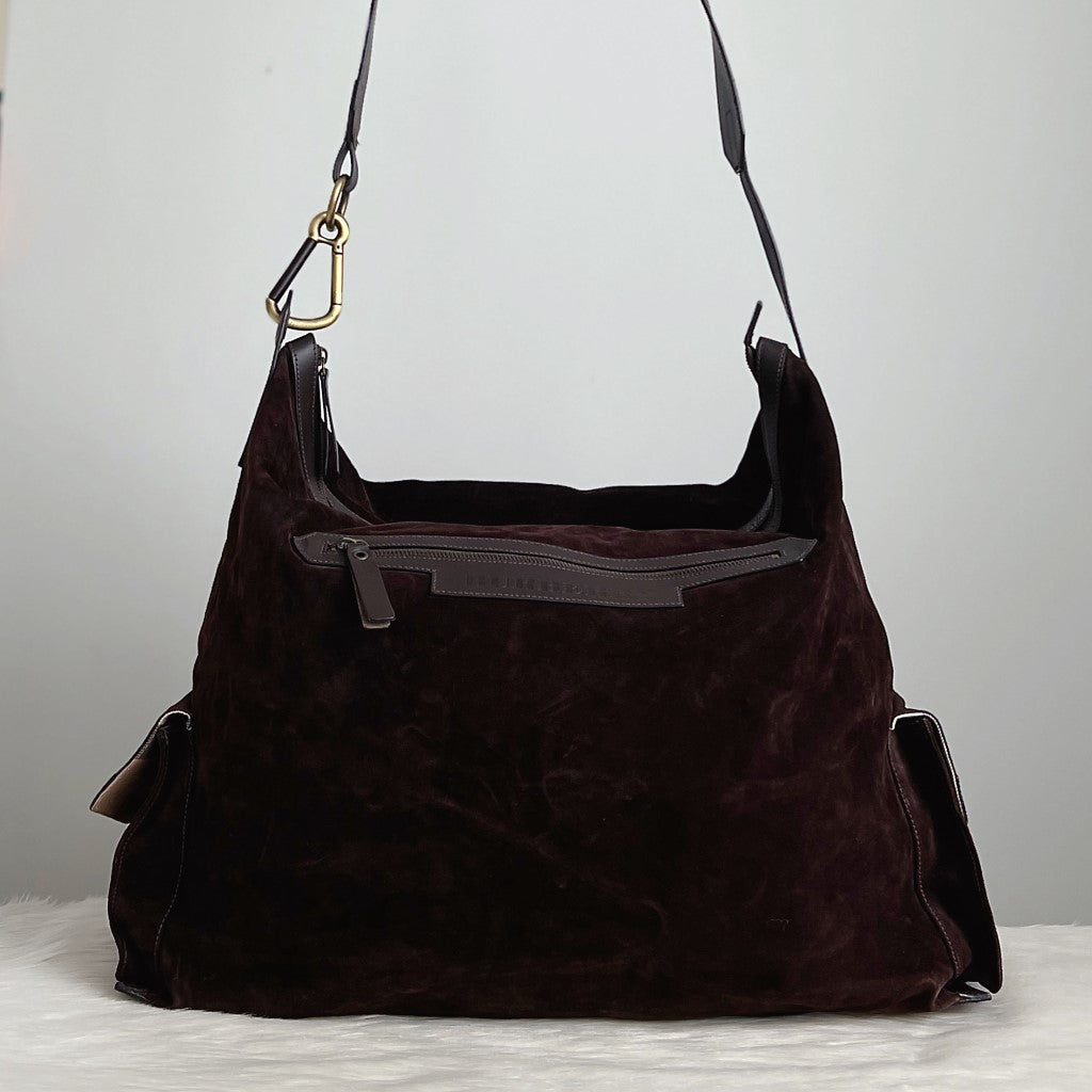 Burberry Chocolate Suede Front Pocket Large Travel Shoulder Bag