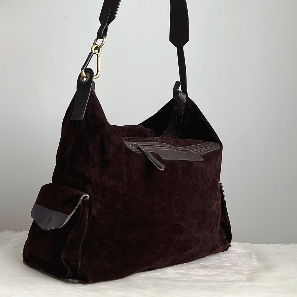 Burberry Chocolate Suede Front Pocket Large Travel Shoulder Bag