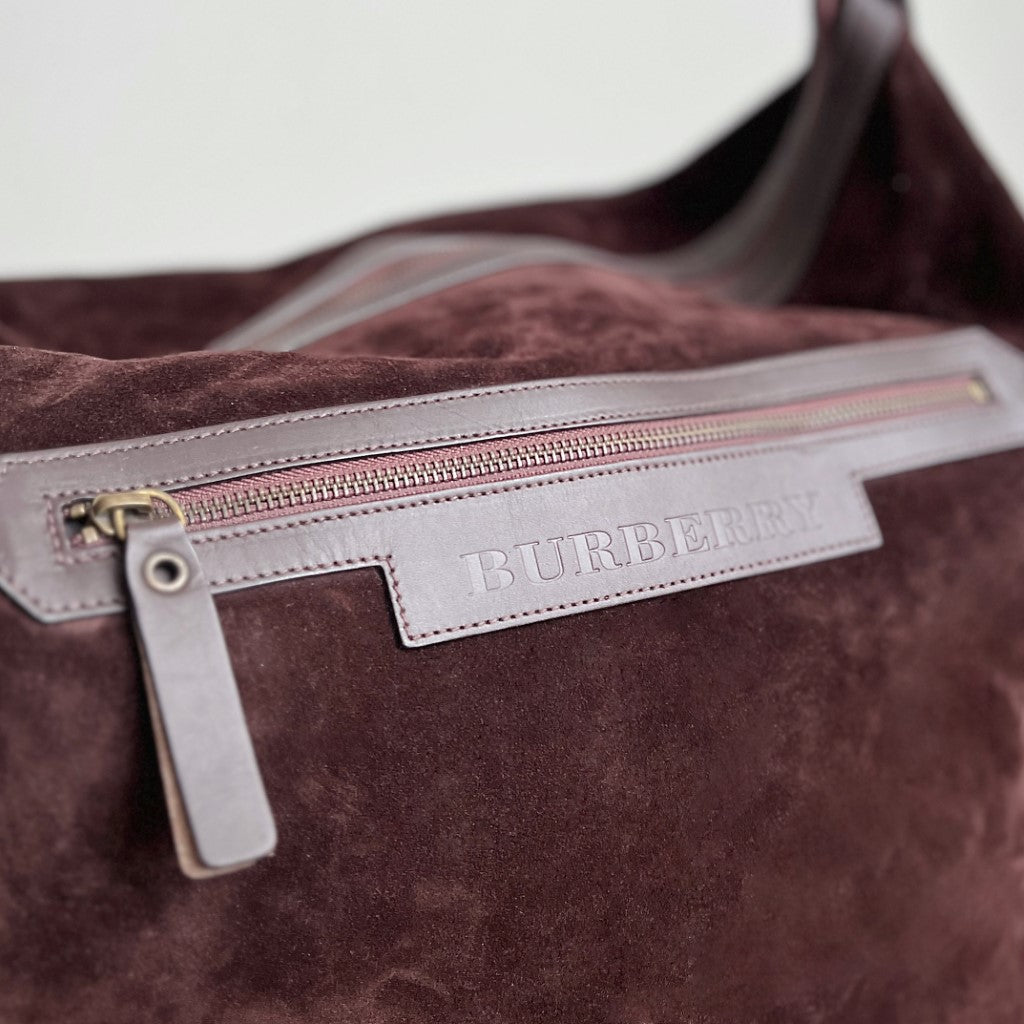 Burberry Chocolate Suede Front Pocket Large Travel Shoulder Bag