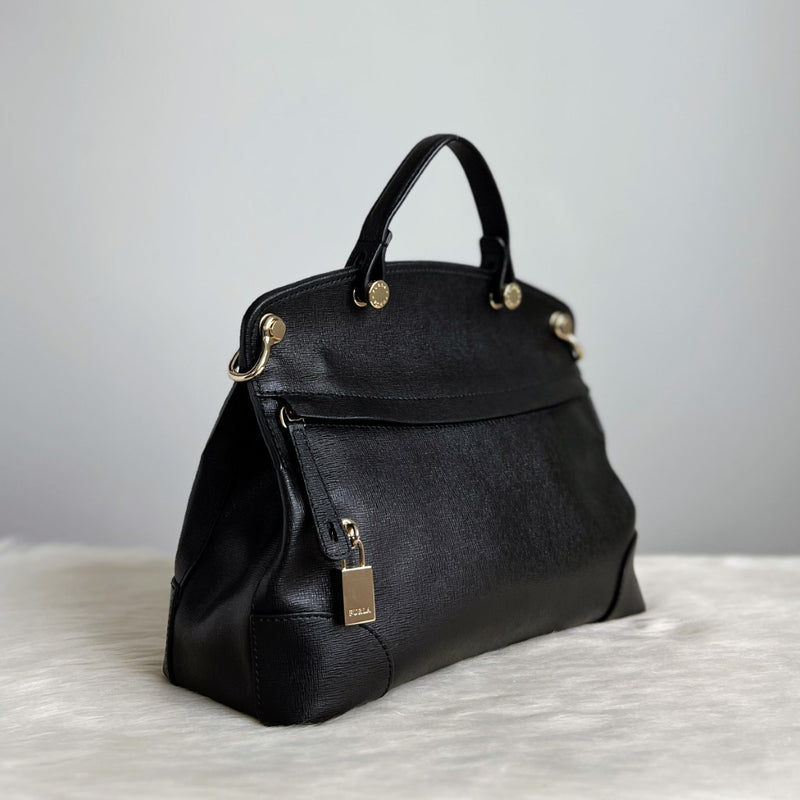 Furla Black Leather Signature Piper 2 Way Shoulder Bag Excellent