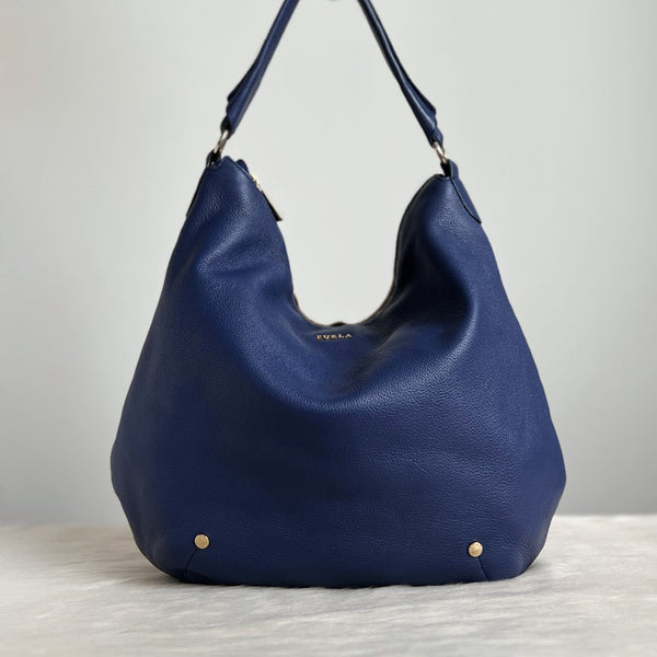 Furla Blue Leather Front Logo Slouchy Shoulder Bag Excellent