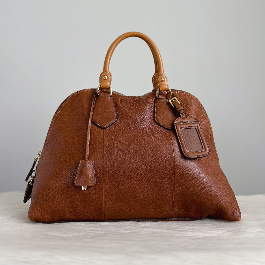 Prada Caramel Leather Charm Detail Career Tote Bag