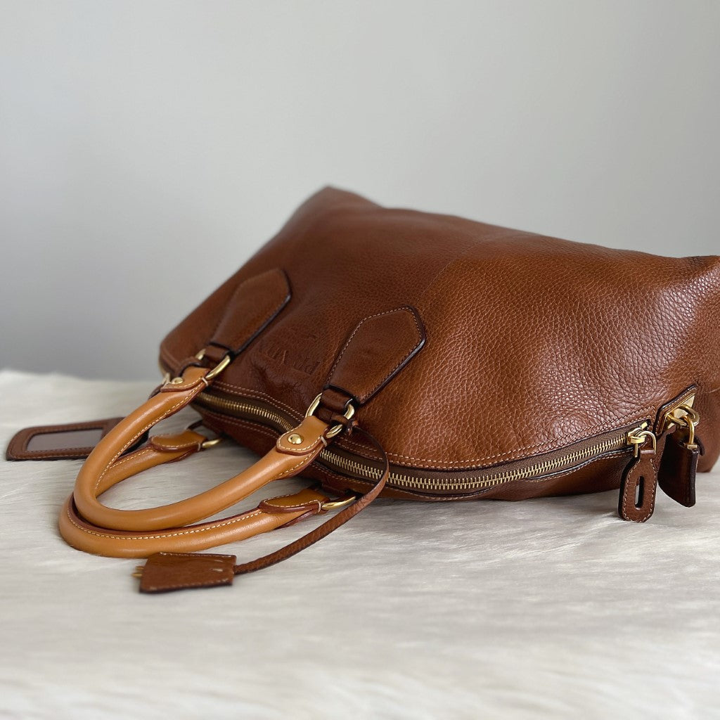 Prada Caramel Leather Charm Detail Career Tote Bag