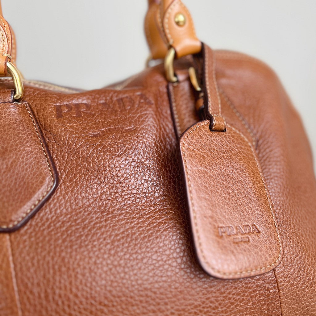 Prada Caramel Leather Charm Detail Career Tote Bag