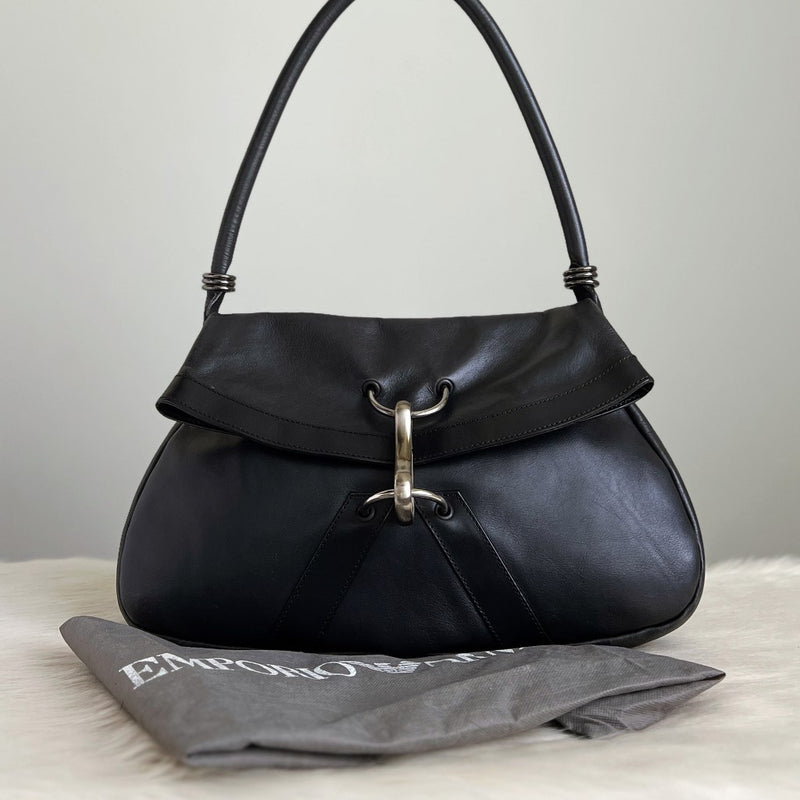 Emporio Armani Black Leather Front Buckle Shoulder Bag