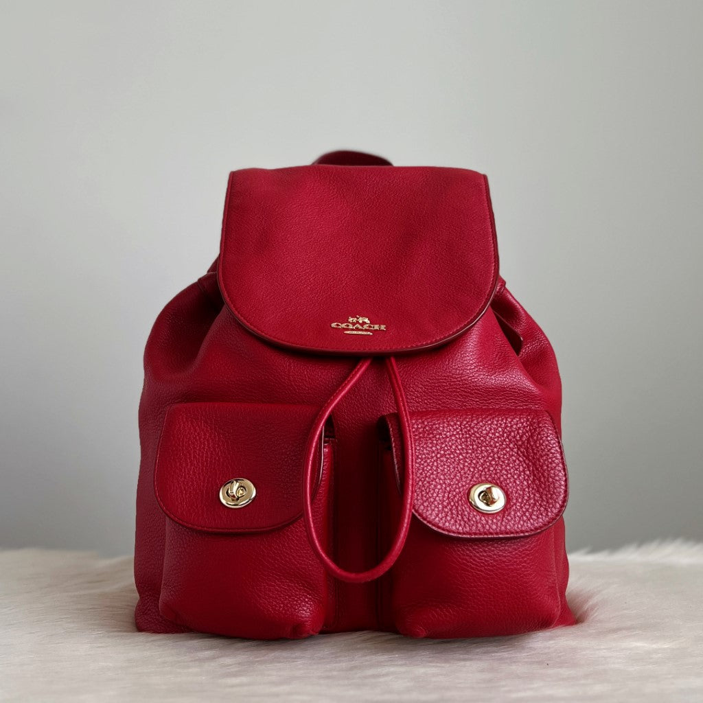 Coach Red Leather Turn Lock Pocket Backpack Excellent