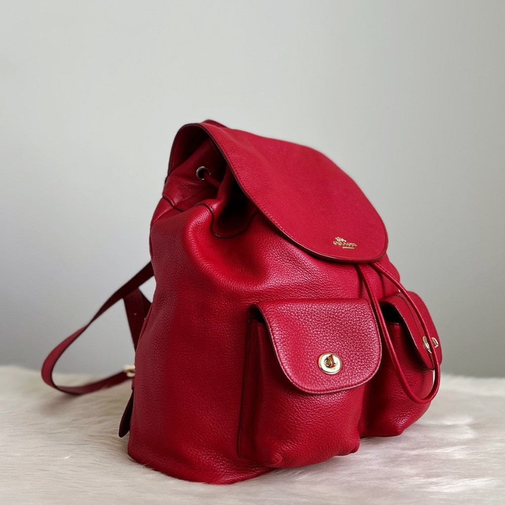 Coach Red Leather Turn Lock Pocket Backpack Excellent