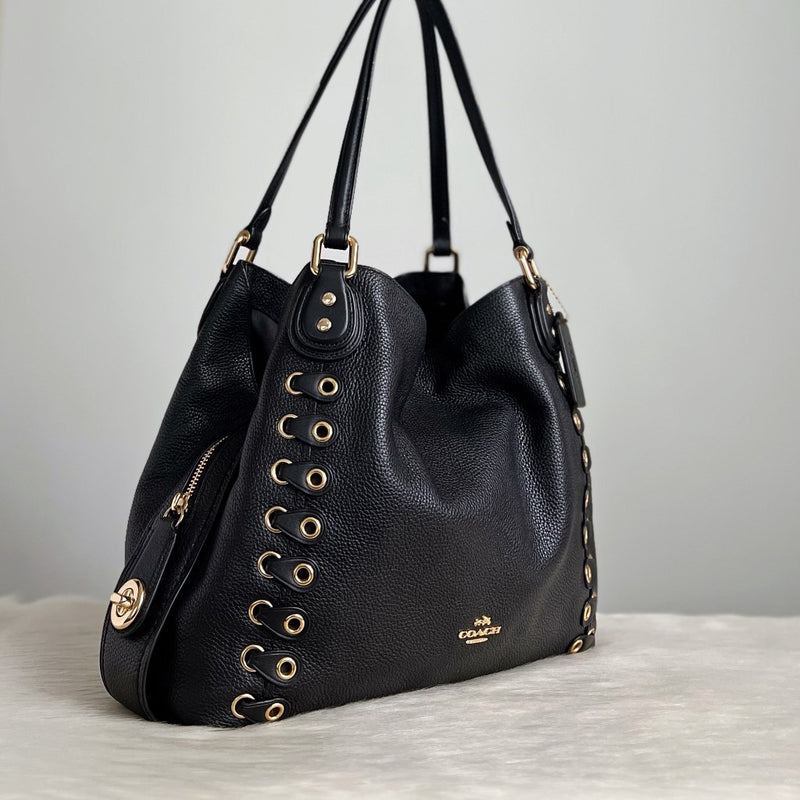 Coach Black Leather Studded Triple Compartments Shoulder Bag Like New