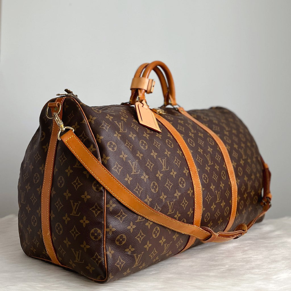 Louis Vuitton Signature Monogram Bandouliere Keepall 60 Travel Bag Full Set