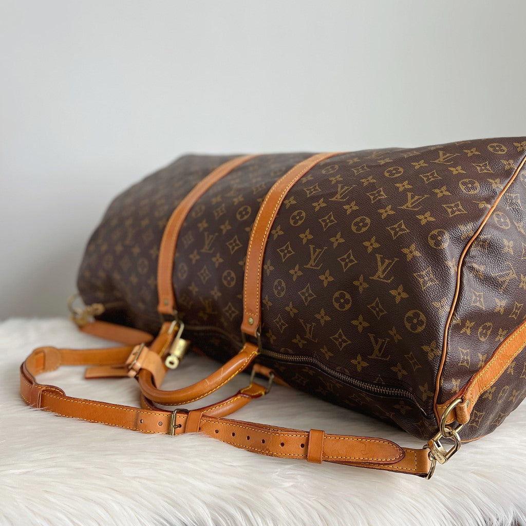 Louis Vuitton Signature Monogram Bandouliere Keepall 60 Travel Bag Full Set