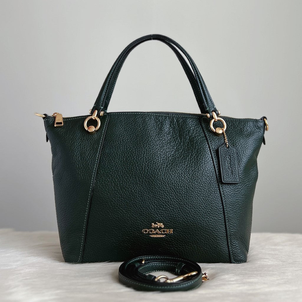 Coach Dark Green Leather Front Logo 2 Way Shoulder Bag Like New