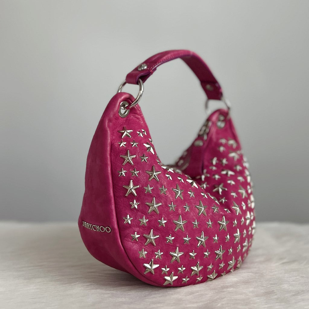 Jimmy Choo Signature Fuchsia Leather Solar Studded 2 Way Shoulder Bag Excellent