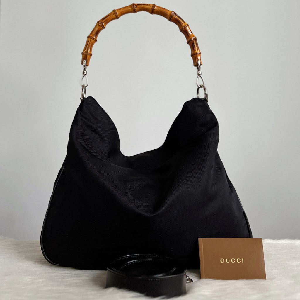 Gucci Classic Black Canvas Bamboo 2 Way Shoulder Bag