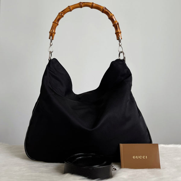Gucci Classic Black Canvas Bamboo 2 Way Shoulder Bag