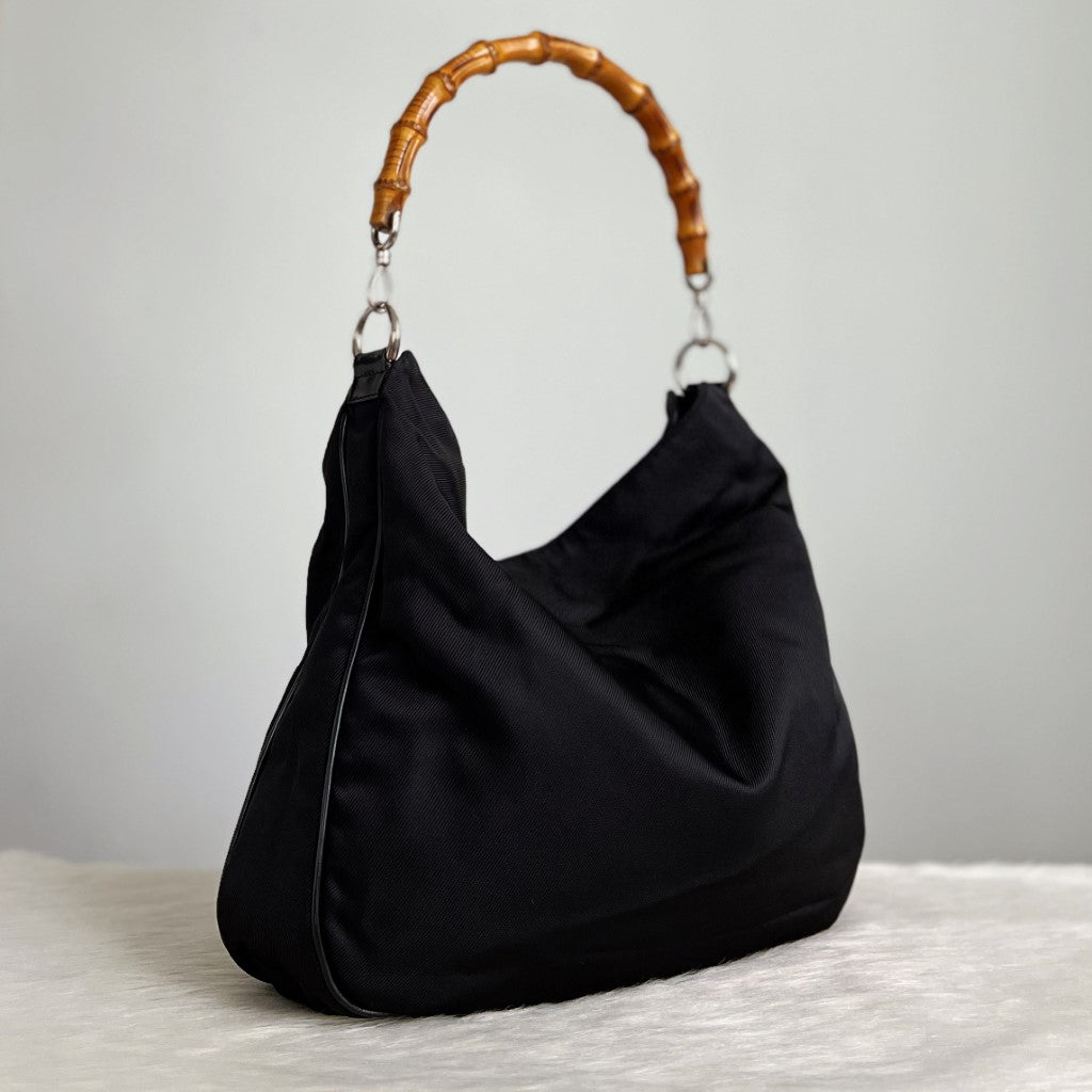 Gucci Classic Black Canvas Bamboo 2 Way Shoulder Bag