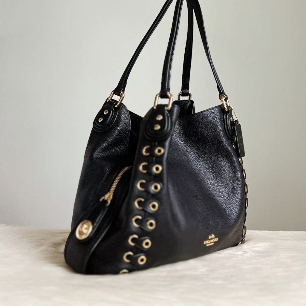 Coach Black Leather Studded Triple Compartments Shoulder Bag Like New