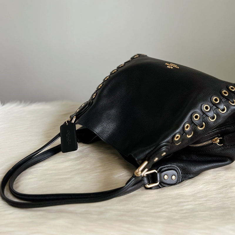 Coach Black Leather Studded Triple Compartments Shoulder Bag Like New