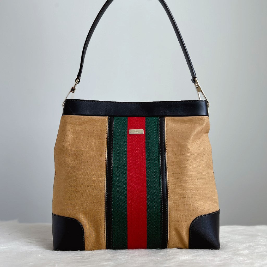 Gucci Leather Trim Signature Stripe Career Shoulder Bag