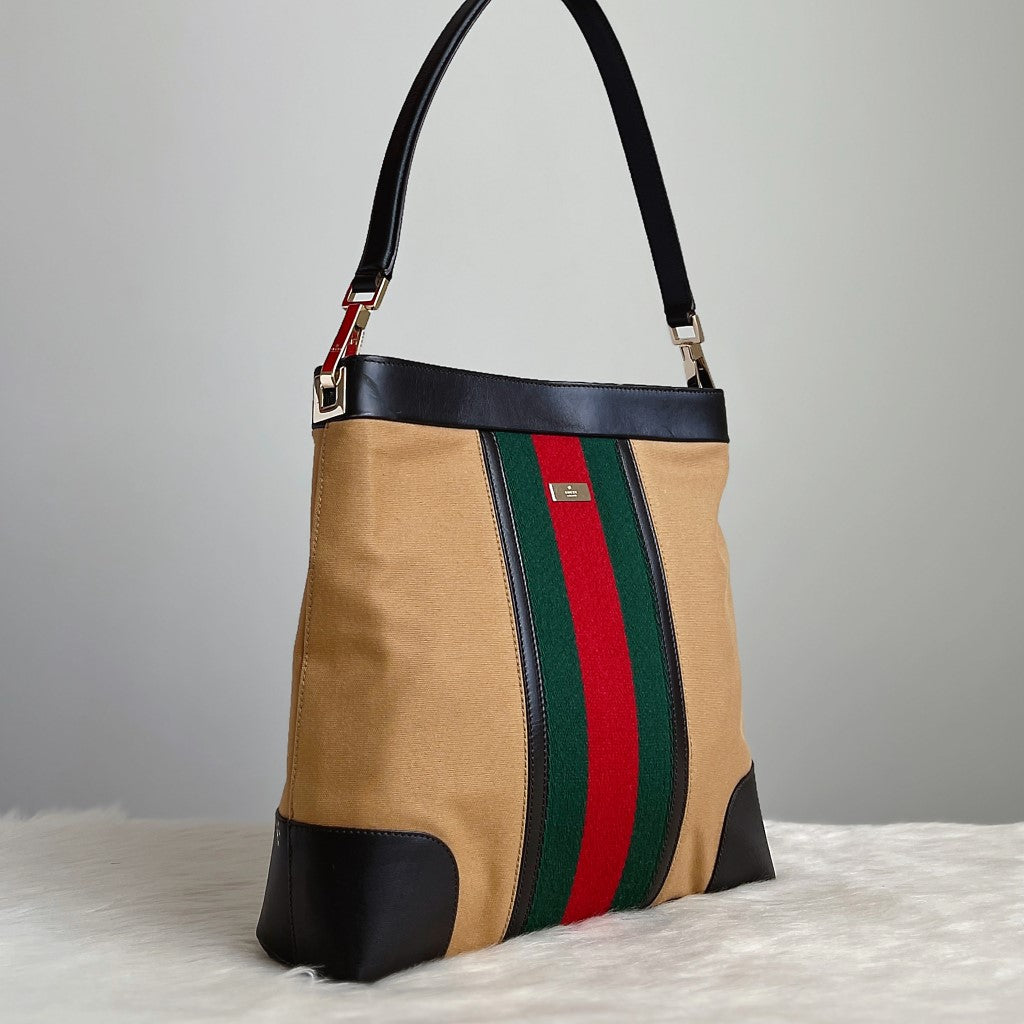 Gucci Leather Trim Signature Stripe Career Shoulder Bag