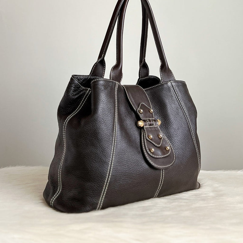 Furla Dark Chocolate Leather Front Buckle Career Shoulder Bag Excellent