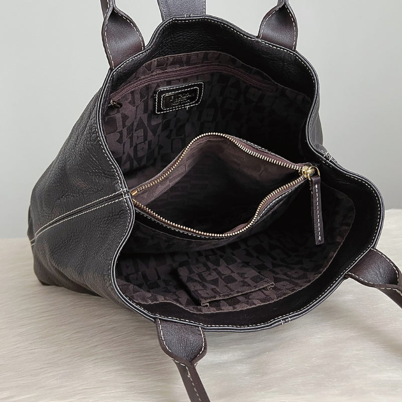 Furla Dark Chocolate Leather Front Buckle Career Shoulder Bag Excellent