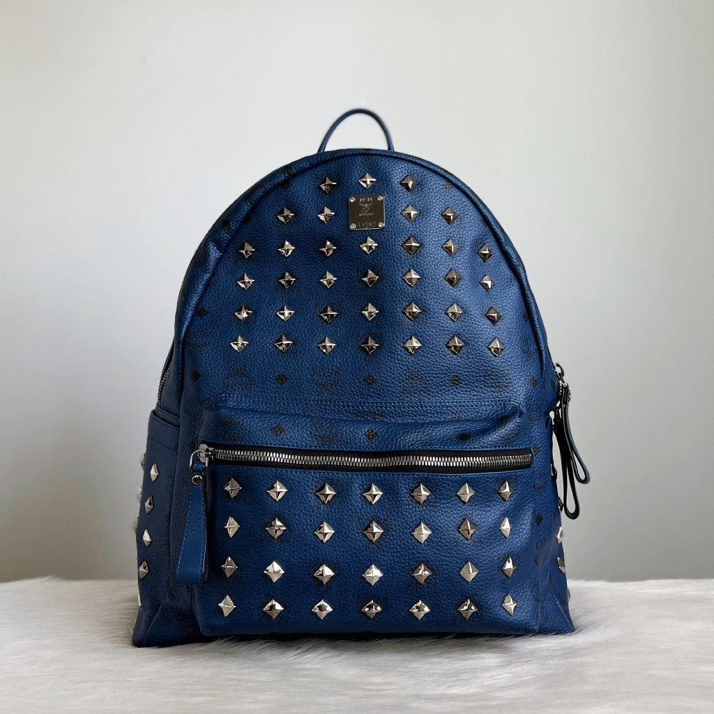 MCM Navy Leather Signature Studded Large Backpack Excellent