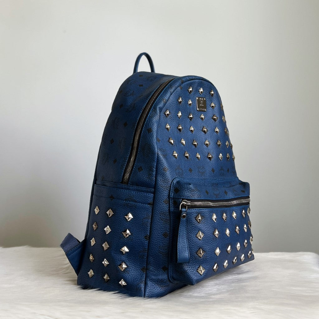 MCM Navy Leather Signature Studded Large Backpack Excellent