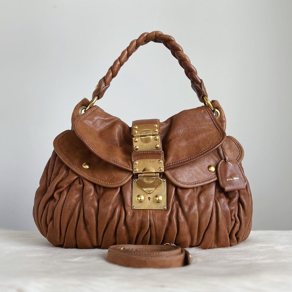 Miu Miu Caramel Leather Nappa Buckle 2 Way Shoulder Bag