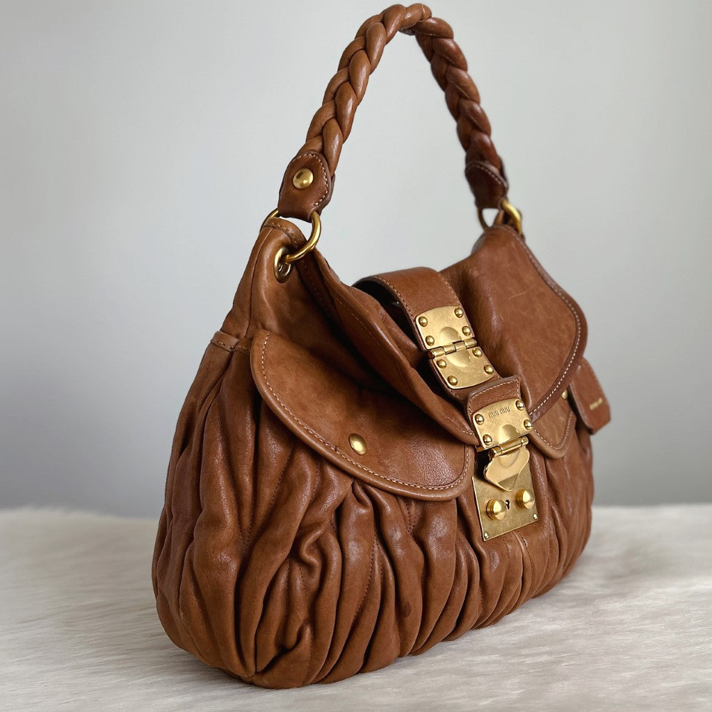 Miu Miu Caramel Leather Nappa Buckle 2 Way Shoulder Bag