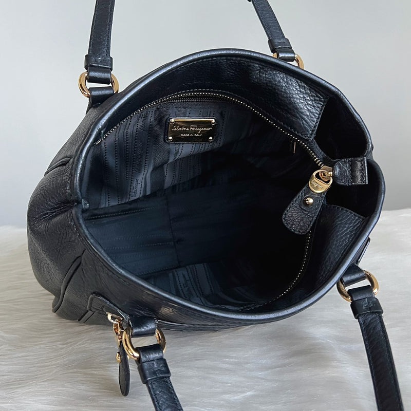Ferragamo Black Leather Signature Logo Charm Shoulder Bag