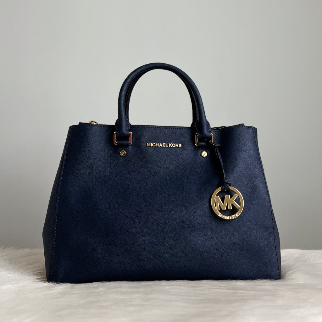 Michael Kors Navy Leather Front Logo Triple Compartment Tote Bag