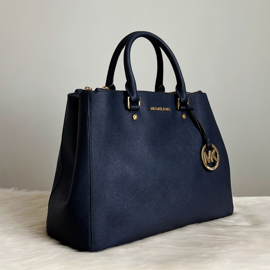 Michael Kors Navy Leather Front Logo Triple Compartment Tote Bag