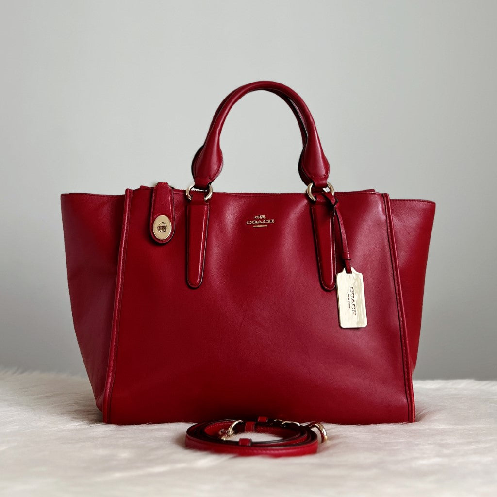 Coach Red Leather Front Logo Triple Compartment 2 Way Bag