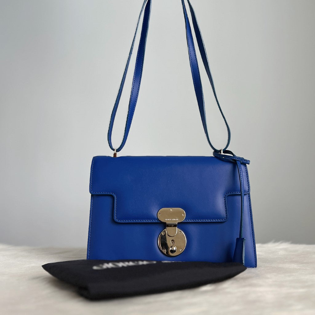 Giorgio Armani Blue Leather Buckle 3 Way Shoulder Bag Excellent