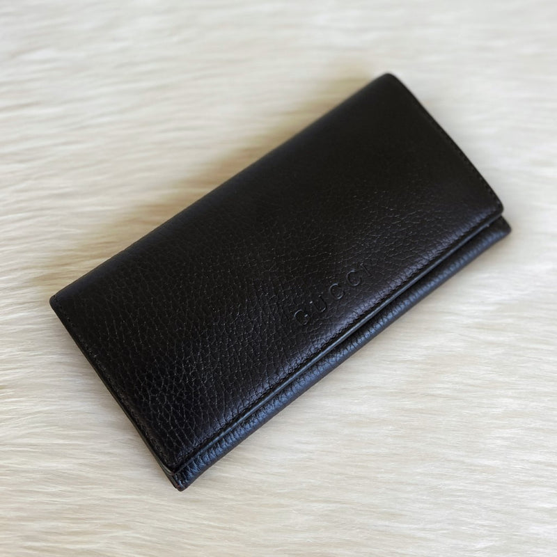 Gucci Dark Chocolate Leather Fold Zip Compartment Long Wallet Excellent