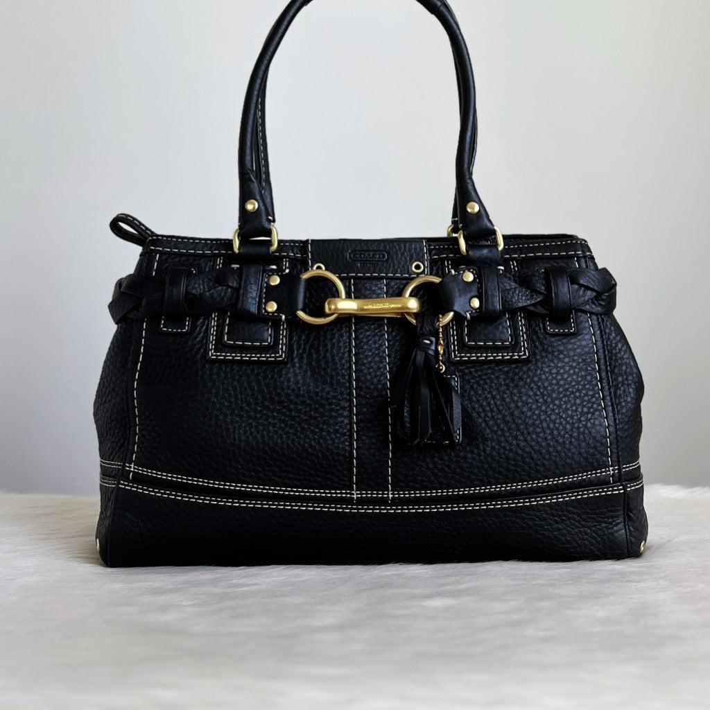 Coach Black Leather Front Buckle Tassel Charm Detail Shoulder Bag