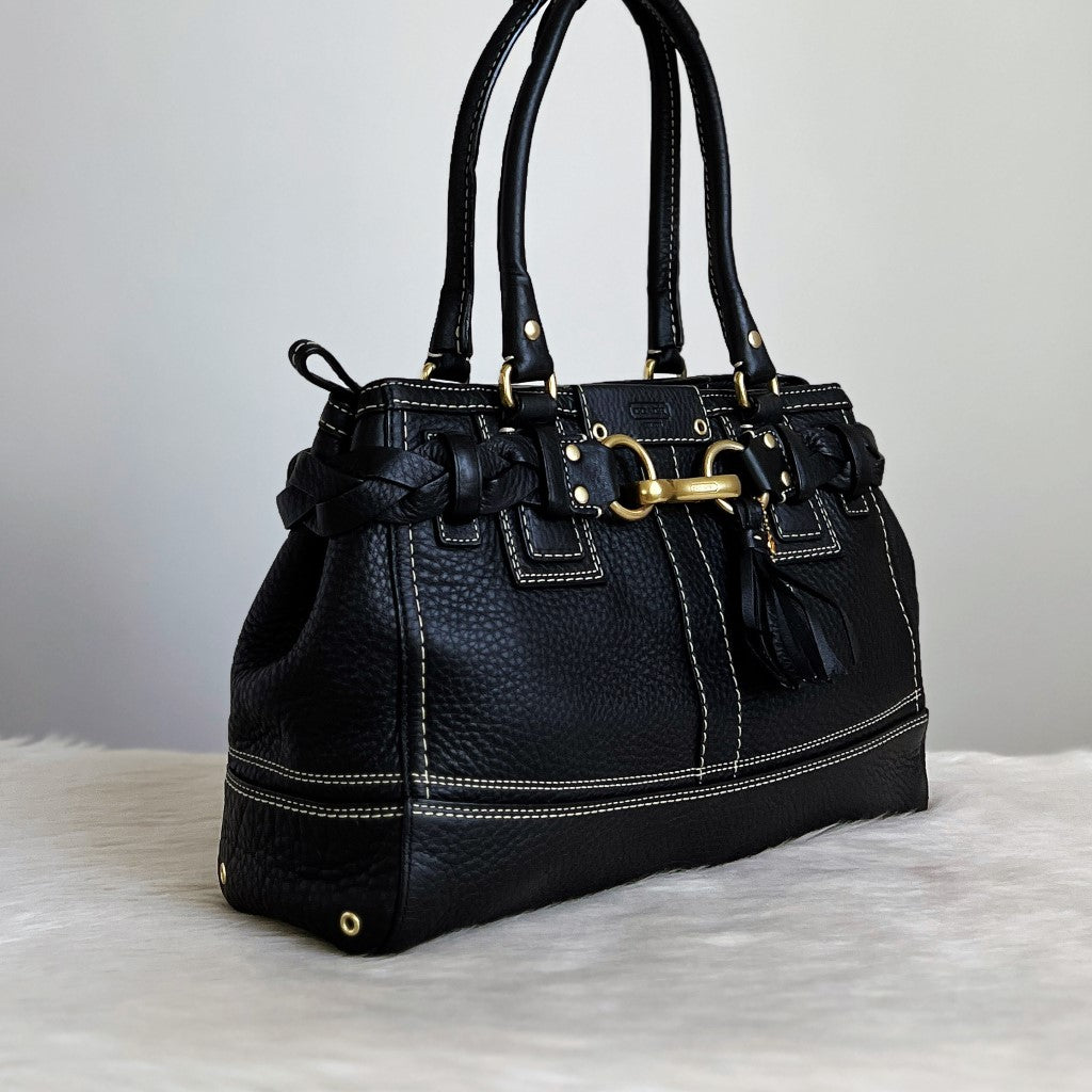 Coach Black Leather Front Buckle Tassel Charm Detail Shoulder Bag