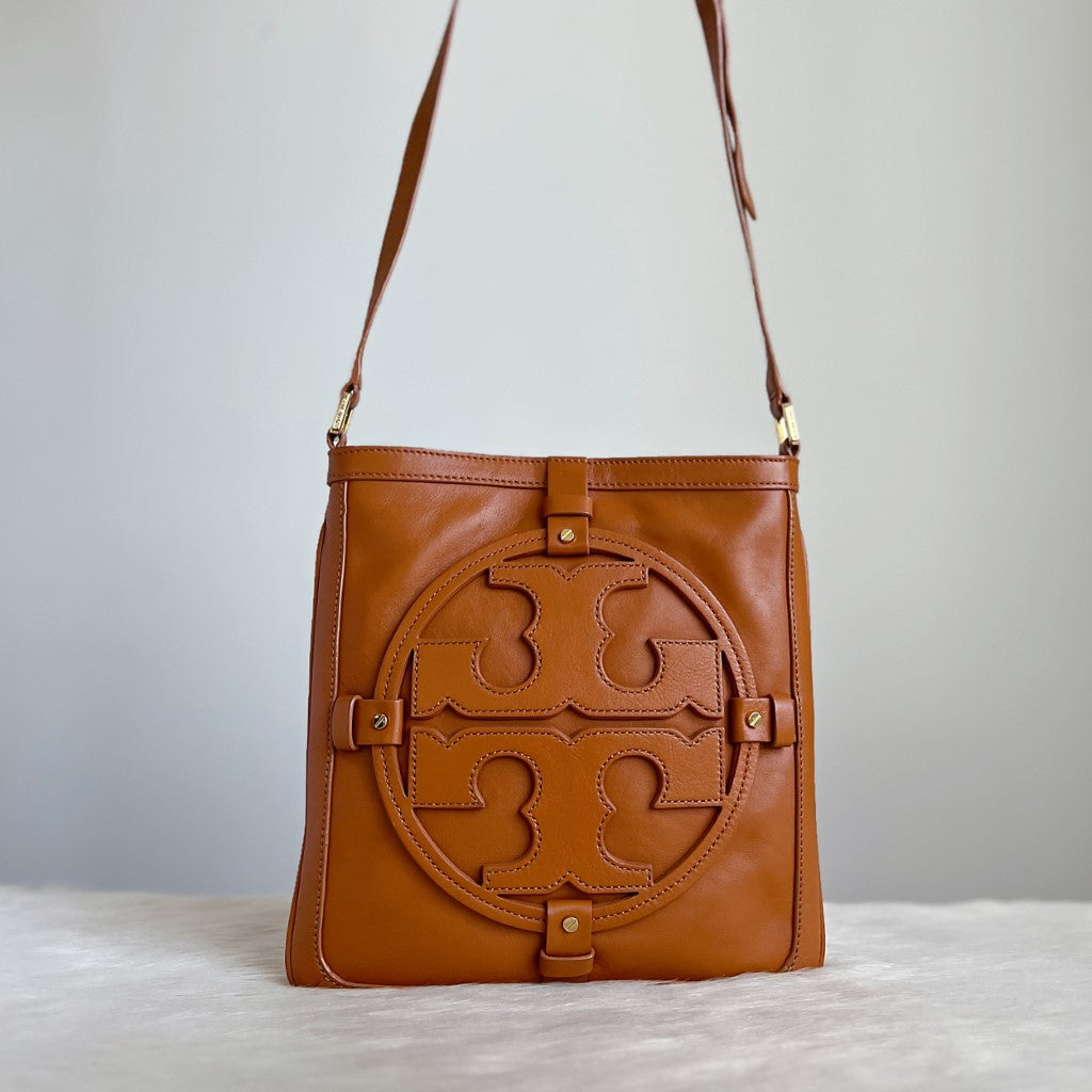 Tory Burch Caramel Leather Front Logo Crossbody Shoulder Bag