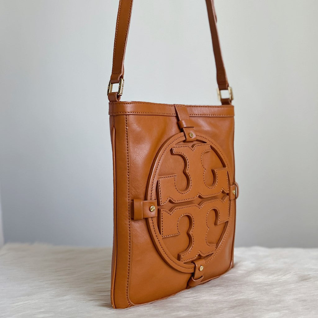 Tory Burch Caramel Leather Front Logo Crossbody Shoulder Bag