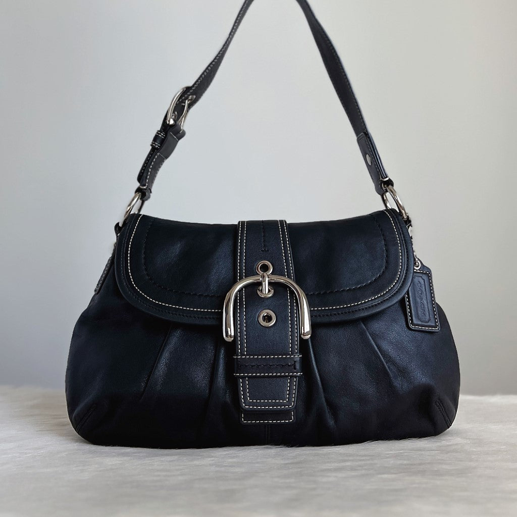 Coach Black Leather Front Buckle Flap Shoulder Bag