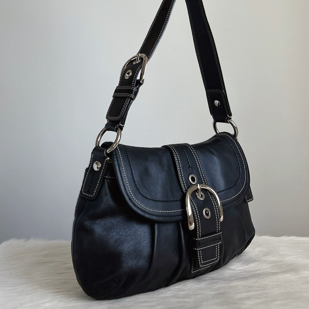 Coach Black Leather Front Buckle Flap Shoulder Bag