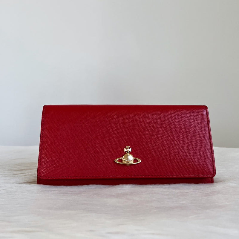 Vivienne Westwood Red Leather Fold Zip Compartment Long Wallet