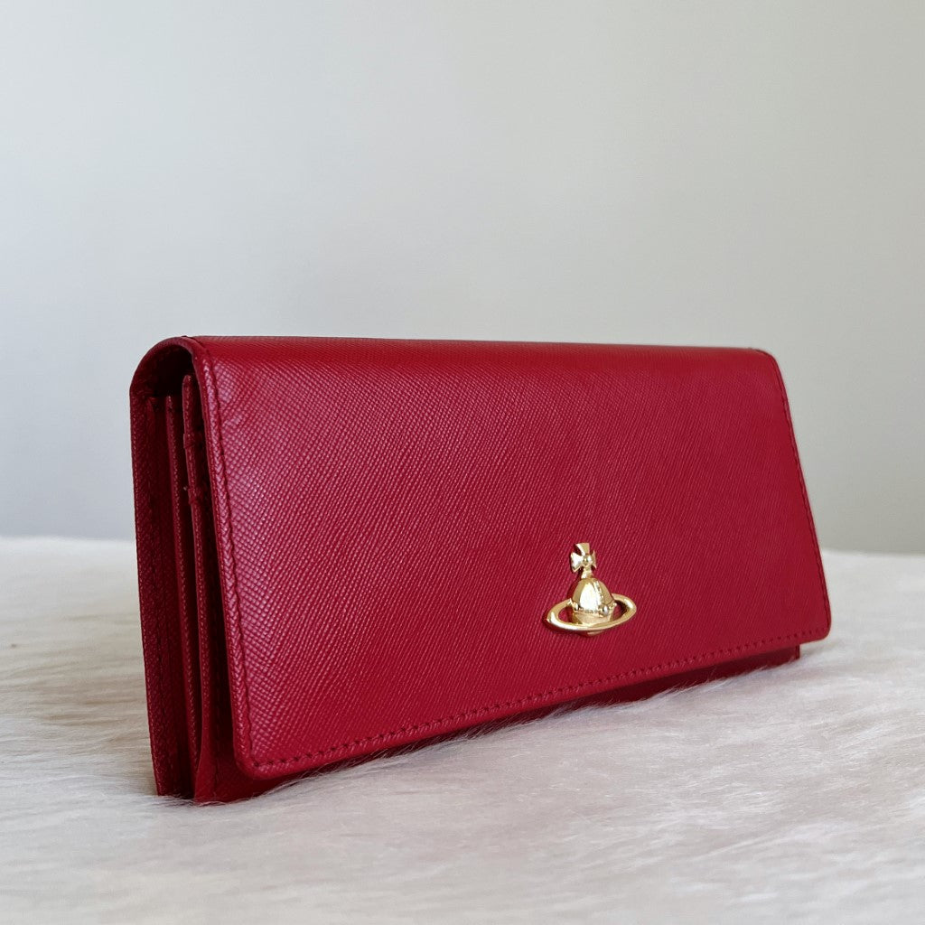 Vivienne Westwood Red Leather Fold Zip Compartment Long Wallet