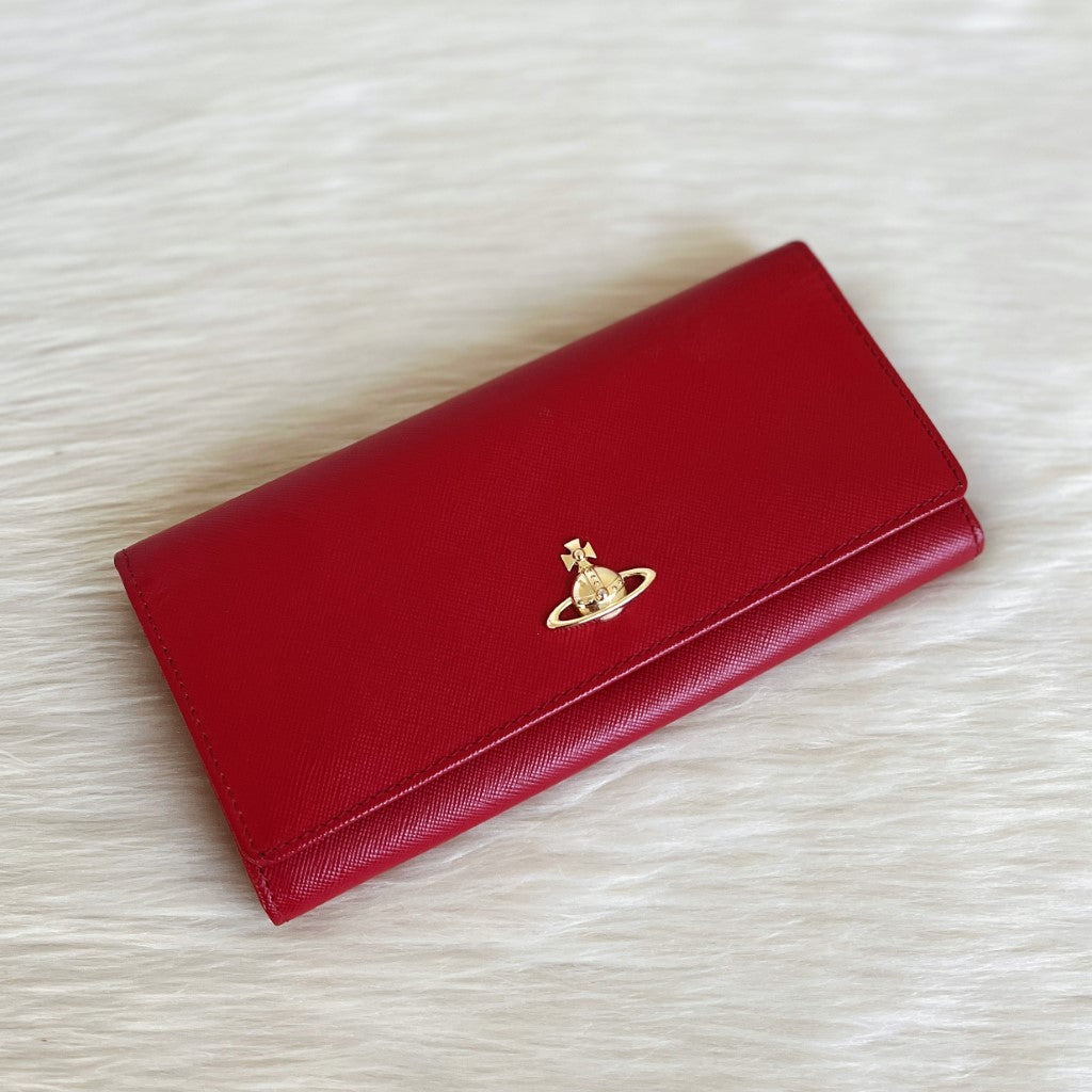 Vivienne Westwood Red Leather Fold Zip Compartment Long Wallet