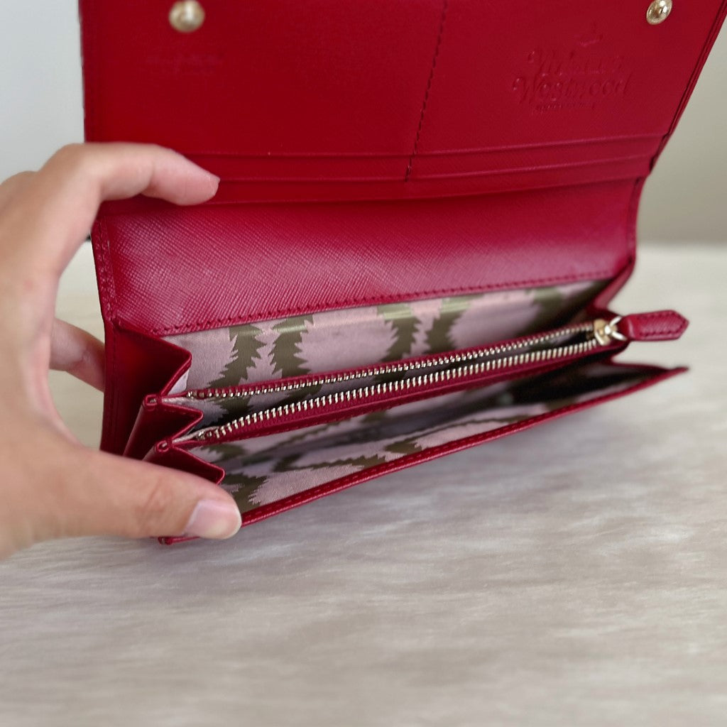 Vivienne Westwood Red Leather Fold Zip Compartment Long Wallet