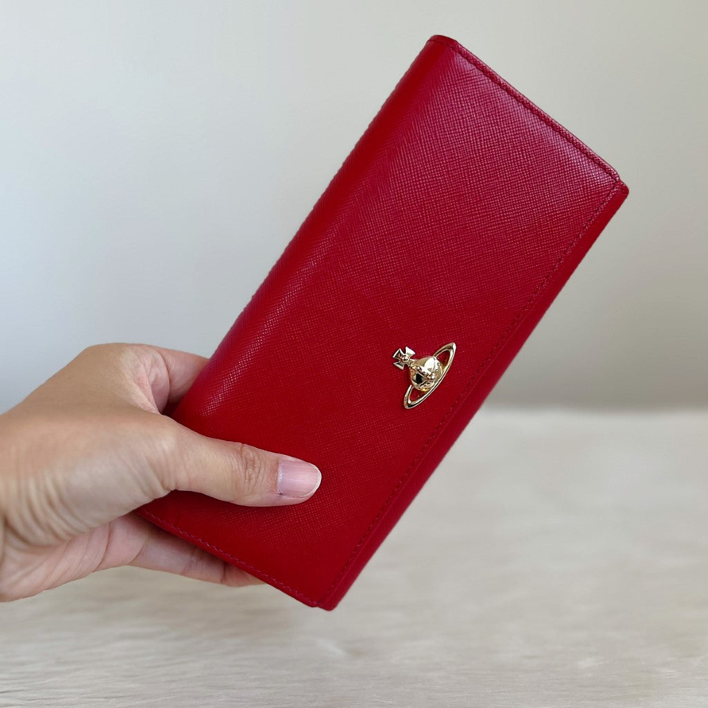 Vivienne Westwood Red Leather Fold Zip Compartment Long Wallet