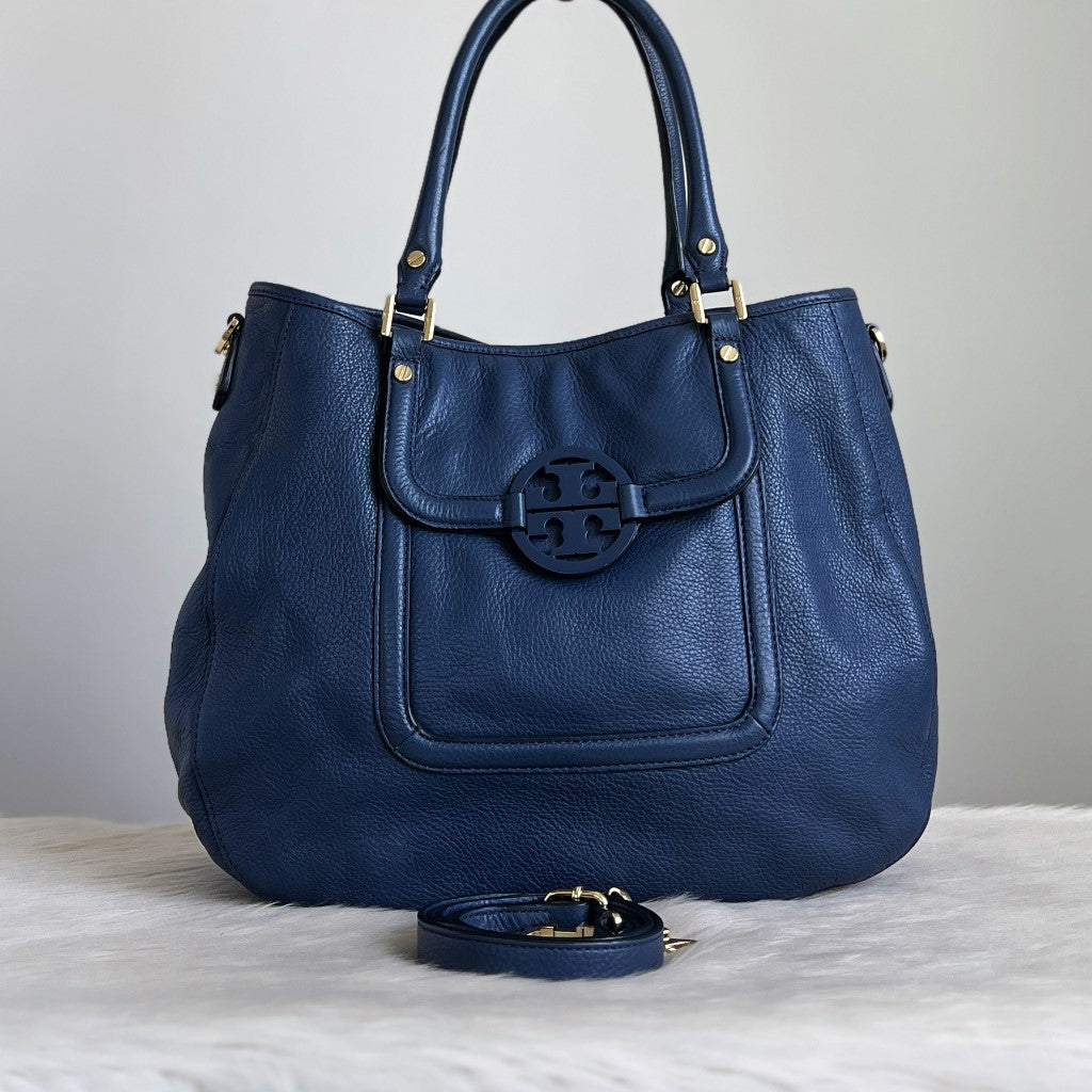 Tory Burch Blue Leather Front Logo 2 Way Shoulder Bag Excellent