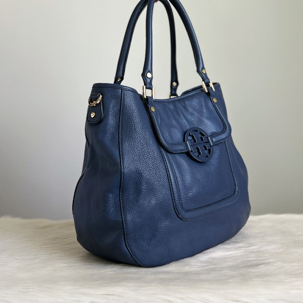 Tory Burch Blue Leather Front Logo 2 Way Shoulder Bag Excellent