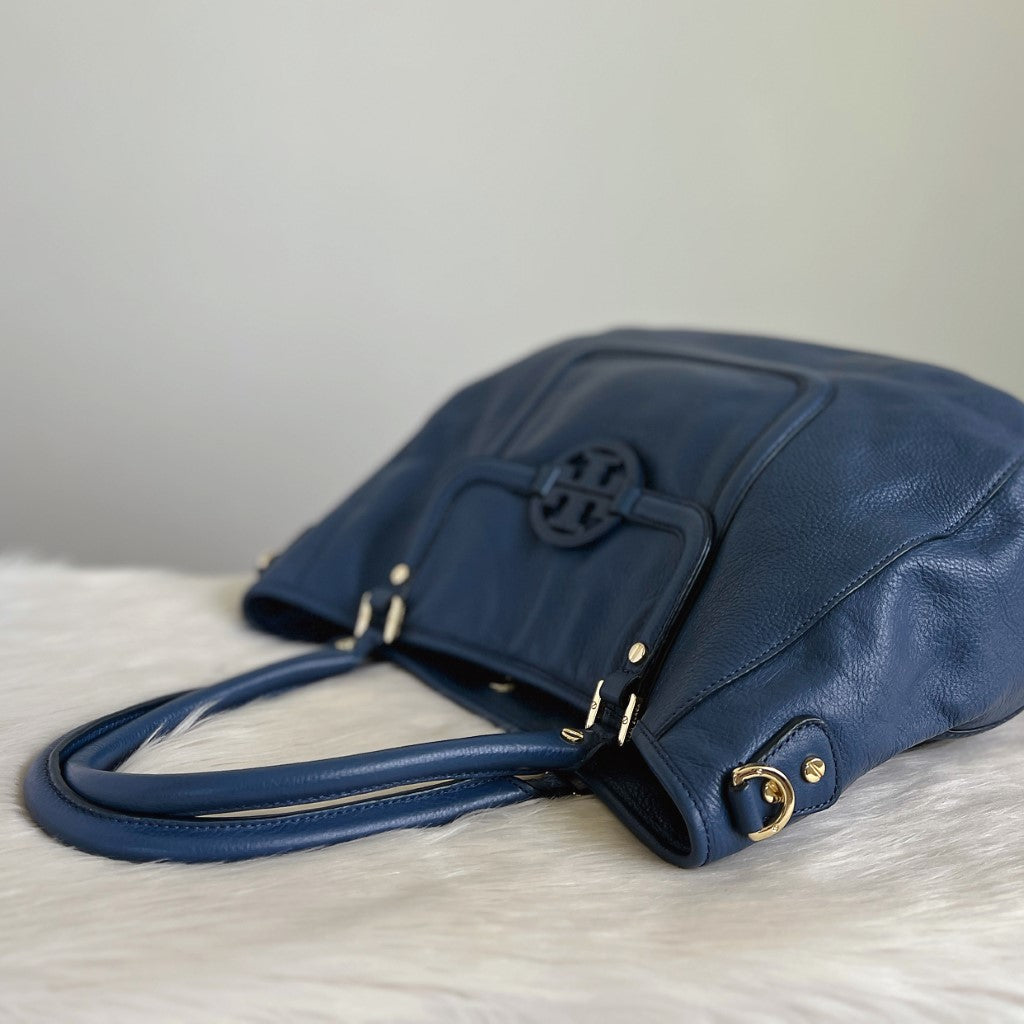 Tory Burch Blue Leather Front Logo 2 Way Shoulder Bag Excellent